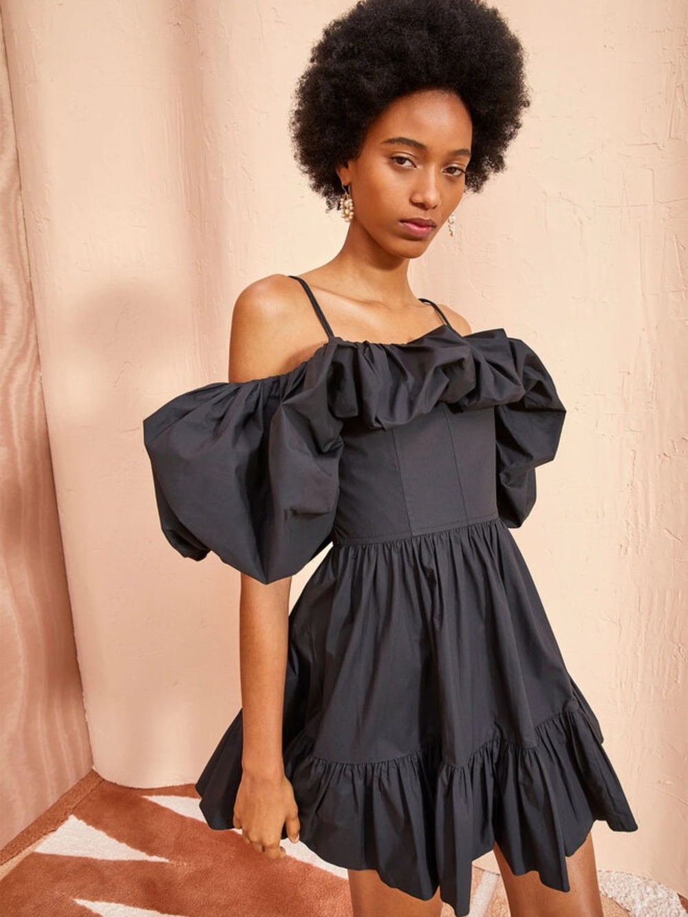 Ulla Johnson Lila Off-the-Shoulder Cotton Poplin Mini Dress in Black - Picture 3 of 6